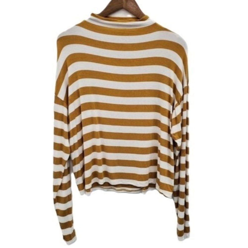 BKE Minimalist Striped Mustard White Top Stretch Long Sleeve Tee‎ Womens Size XL